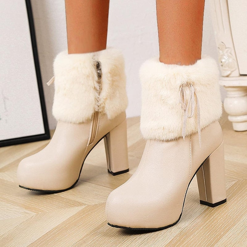 woobles Winter Boot for Women,Women Round Toe Platform Booties Ladies Cute Chunky High Heel Snow Ankle Boot Wedge Zipper Slip On Boot Causal Walking Dress Shoe, Beige, 10 - Image 2